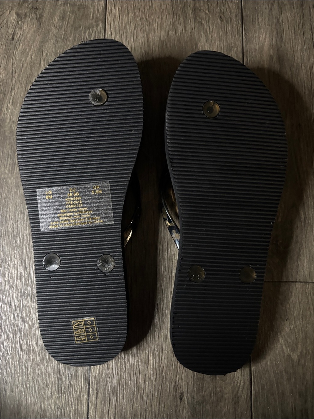DKNY Black Flip Flops with Gold Logo and Teal Size Dot - Picture 4 of 6